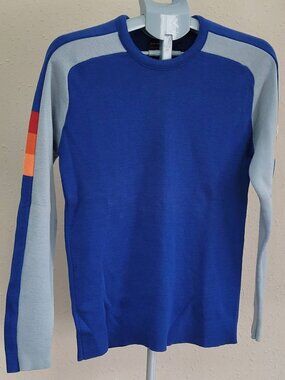 70s Blue Sweater, striped sleeve vintage Demetre Large pure wool mens